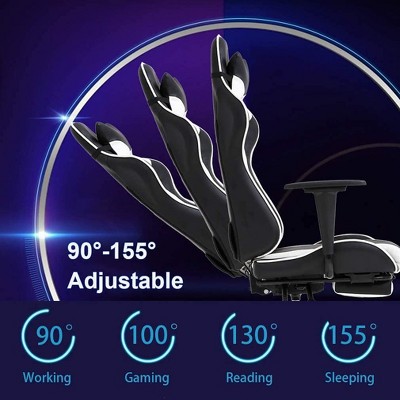 Black and White Ergonomic PU Leather Gaming Chair with Footrest