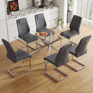 7-Piece Dining Set with Tempered Glass Table and 6 PU Armless Chairs - 1 of 4
