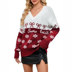 Coolmee Women's Christmas Knitted Sweater Cedar Snowflake Patterns V Neck Long Sleeve Floral Printed Pullover Tops - 1 of 4