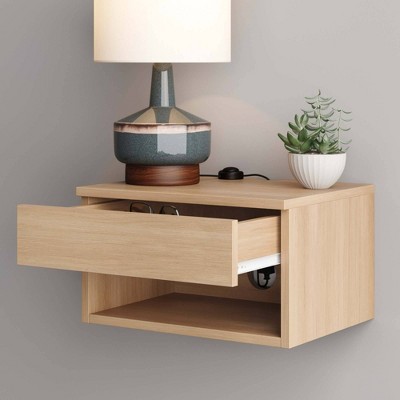 Light Oak Floating Nightstand with Drawer and Open Shelf, Set of 2