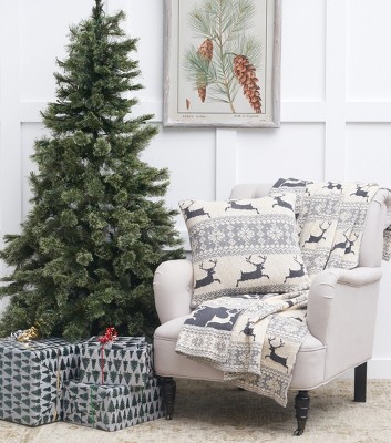 Gray and White Knitted Deer Christmas Throw Pillow