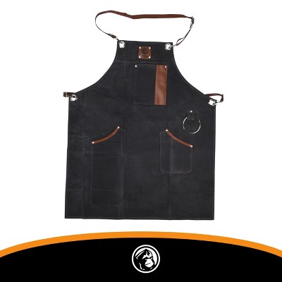 Heavy-Duty Black Canvas Cooking Apron with Leather Accents