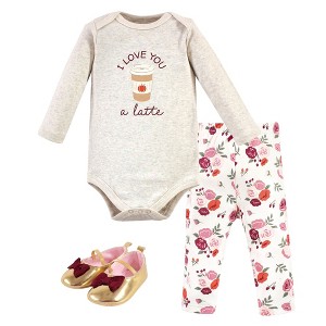 Hudson Baby Infant Girls Cotton Bodysuit, Pant and Shoe 3pc Set, Fall Latte - 1 of 1