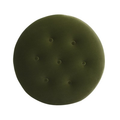 Olive Green Velvet Tufted Round Ottoman with Fringe