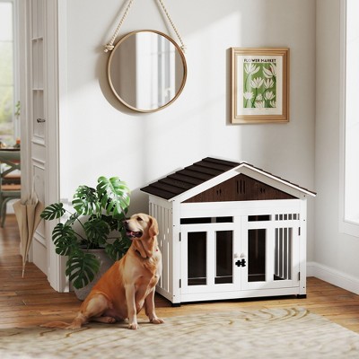 White and Dark Brown Wooden Elevated Dog House with Magnetic Doors