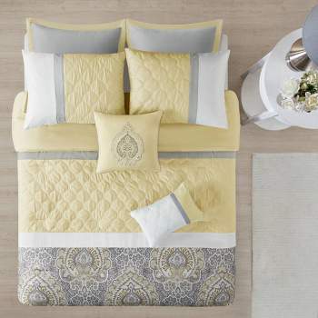 Madison Park 8pc Lian Cotton Floral Printed Reversible Comforter Set Yellow  : Target