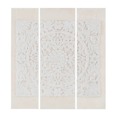 (Set of 3) 35.5" Height Wooden Mandala 3D Embellished Canvas Decorative Wall Art Set White