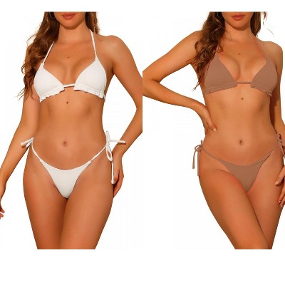 Elerevyo Women's Halter Ribbed Textured Tie Side Triangle Bottom Swimsuit Bathing Suits 2 Sets