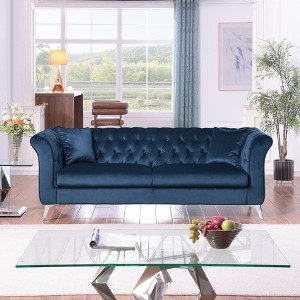 Standard Velvet Tufted Scroll-Arm Chesterfield Stanford Loveseat with Plush Multi-Density Foam Cushions, Premium Craftsmanship and Green Color - 1 of 4
