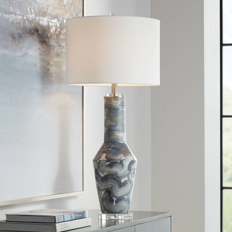 Possini Euro Design Modern Table Lamp 33 1/2" Tall Gray Swirl Brushstroke Ceramic White Drum Shade for Living Room Bedroom House, 2 of 10