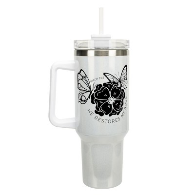 Elanze Designs He Restores My Soul Butterfly Faith 40 oz. Stainless Steel, Large Water Bottle Coffee Mug, Spill & Leak Resistant, Thermal Travel