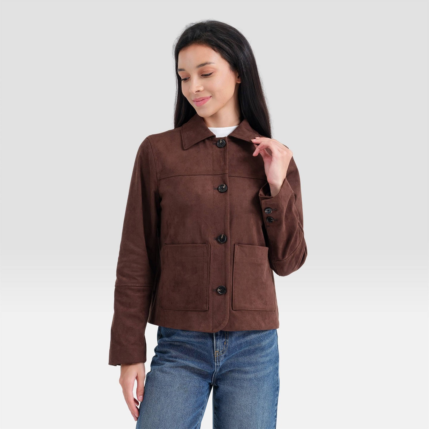 Женская куртка Universal Thread Suede Collared Shirt Jacket, цвет: Тёмный коричневый — фото 3