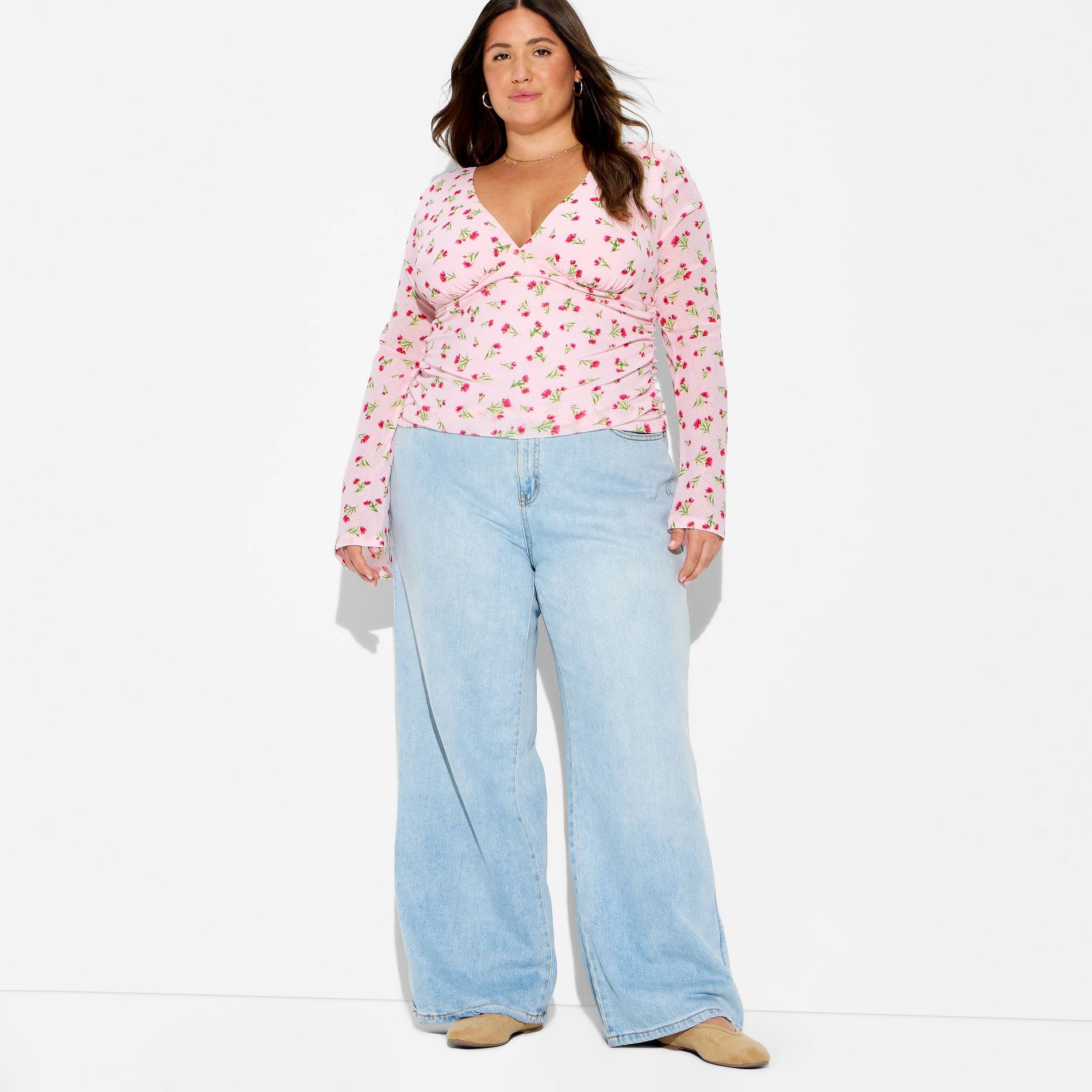 Women's Long Sleeve V-Neck Tie Back Top - Wild Fable™ Floral 4X