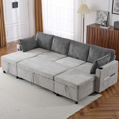 111.8" Convertible U-Shaped Sectional Sofa with Pull-Out Bed, Storage Chaise Lounges, USB Ports & Cup Holders