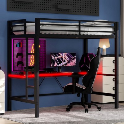YOOCOZZ Metal Gaming Loft Bed with Desk, USB Ports and Remote LED Light
