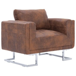 vidaXL Cube Armchair - Brown Faux Suede Leather Upholstery, Ergonomically Designed, Sturdy Wooden Frame, Stylish Chrome Feet, Comfortable Seating - 1 of 4