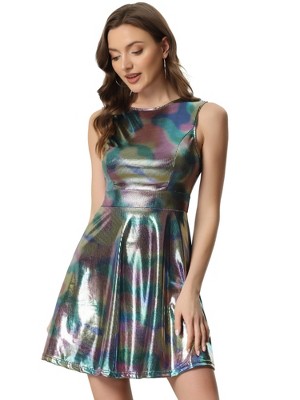 INSPIRE CHIC Women's Christmas Metallic Sleeveless High Waist Party Holographic Dress