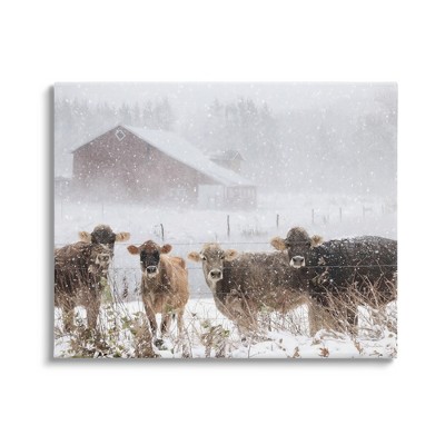 Stupell Industries Winter Farm Scene Cow Cattle Snowflakes Barn Canvas Wall Art