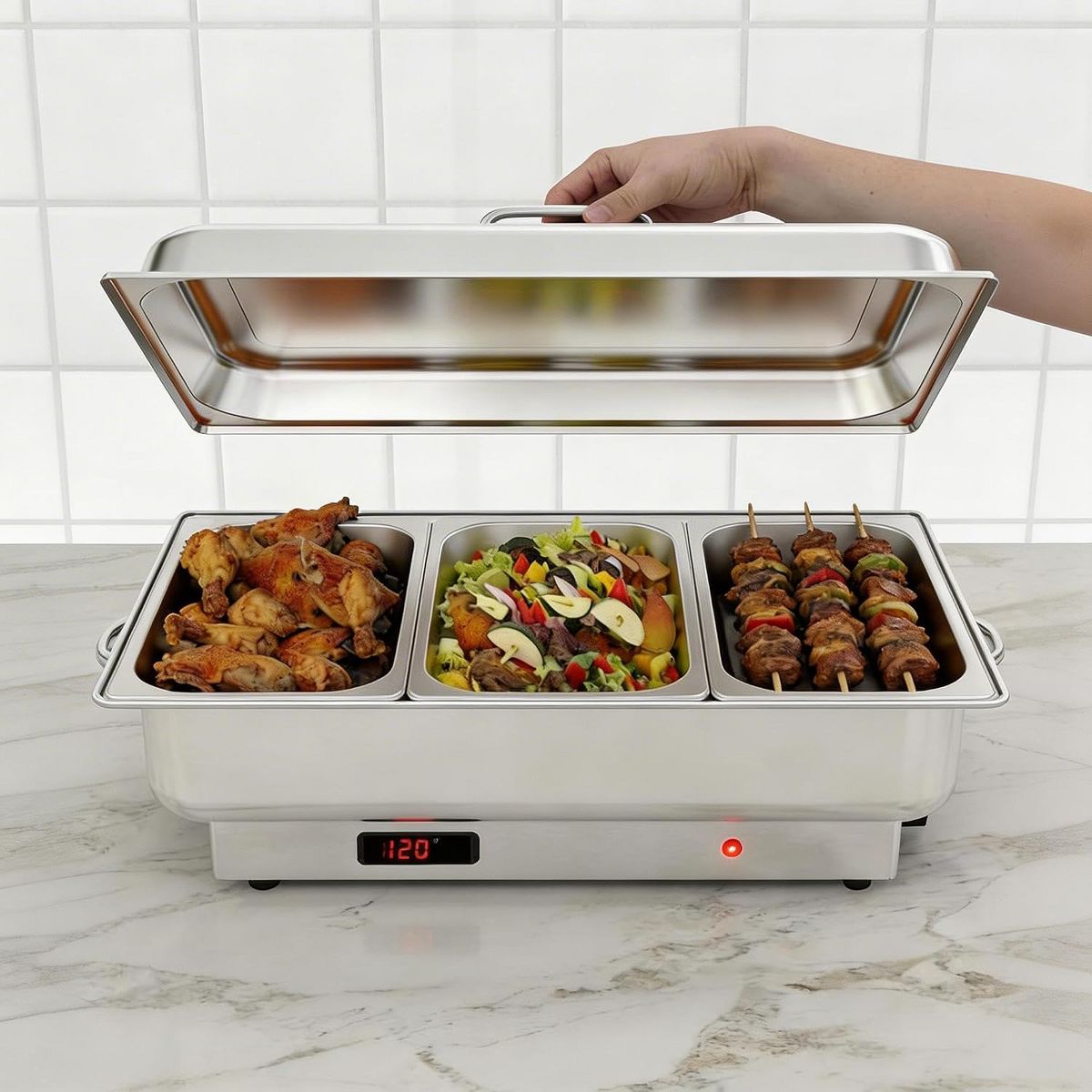 Electric Chafing Dish Buffet, 3 × 3 QT Food Warmer with Stainless Steel Lid, 400W Temperature Control 86-200°F Chafer For Catering Parties