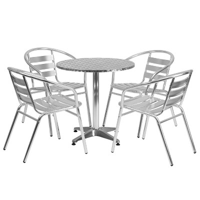 Flash Furniture 27.5'' Round Aluminum Indoor-Outdoor Table Set with 4 Slat Back Chairs