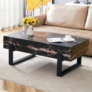 Modern Coffee Table Glasss Cocktail Table Center Table Side Table Accent Table with Marble-Patterned Top, White/Black-ModernLuxe - 1 of 4