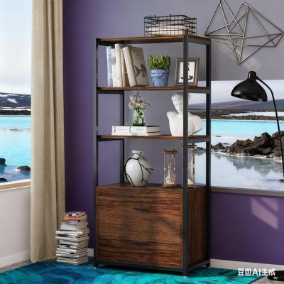 Gulches 4-Tier Bookshelf Etagere Display Bookcase with 2 Drawers