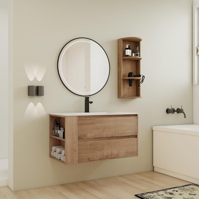 Akoasm 36 Inch Wall Bathroom Storage Vanity Cabinet Rack With Soft Close Doors(WITH SINK)-Oak