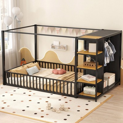 Floor Bed Frame for Kids, Metal Bed Frame with Wardrobe & Storage Shelves, Floor Bed with Fence for Boys Girls