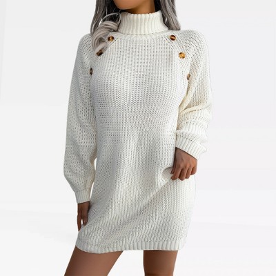 Womens Turtle Neck Sweater Dress Rib Knit Chunky Sweater with Lantern Sleeve Button Deco Ribbed Cuff Fall Sweater Mini Dress