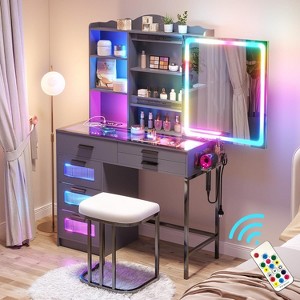 Vlsrka Vanity Desk with Sliding Mirror and LED Lights, RGB Vanity with Charging Station - 1 of 3
