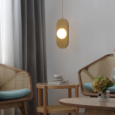Natural Wood and Frosted Glass LED Pendant Light, 14" x 6"