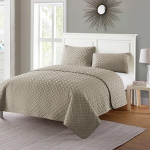 FIONECA Nina Embossed Basketweave Reversible Quilt Set Light Blue Machine Washable Year-Round Bedding - 1 of 4