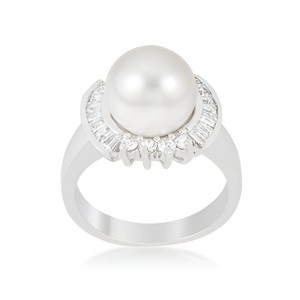 Slickblue Women's Bridal Ring – with Simulated Pearl, Baguette and Round Cubic Zirconia, Size Options 5-10 - 1 of 4