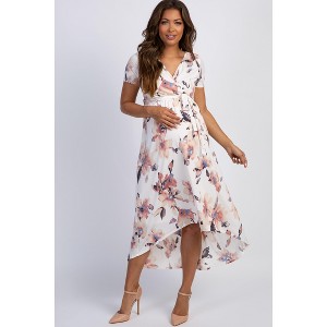PinkBlush Ivory Watercolor Floral Hi-Low Maternity Wrap Dress - 1 of 4