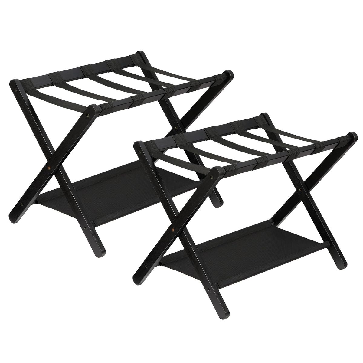 Folding Bamboo Luggage Rack 2 Pack with Shelf, 2-Tier Suitcase Stand Holds up to 110 lbs for Bedroom & Hotel