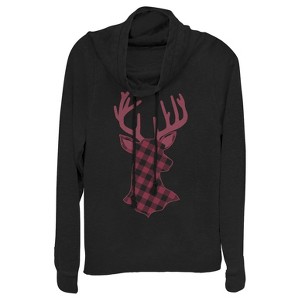 Juniors Womens CHIN UP Christmas Flannel Reindeer Print Cowl Neck Sweatshirt - 1 of 3