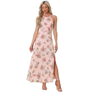 Allegra K Women's Summer Sleeveless Floral Round Neck Slit Hem Long Sundresses - 1 of 4