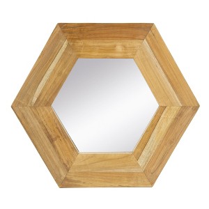 FONTOI Hexagon Wall Mirror Natural Teak Wood Frame Minimal Style Easy Install Decorative Accent for Living Room Bathroom, Natural, 18.5"*18.5"*0.7" - 1 of 4