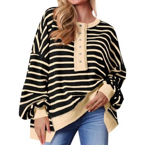 Imily Bela Women Color Block Waffle Knit Top Oversized Comfort  Casual Sweatshirt - 1 of 4