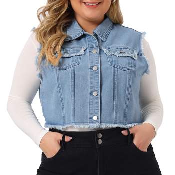 Agnes Orinda Women's Plus Size Jean Raw Hem Button Down Sleeveless Crop Denim Vest