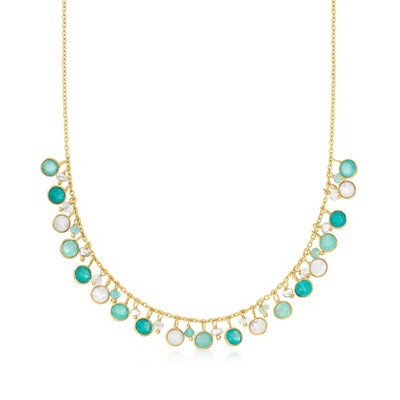 Ross-Simons 3-4mm Cultured Pearl and 4.10 ct. t.w. Multi-Gemstone Necklace With Blue Chalcedony and  Moonstone in 18kt Gold Over Sterling Size 18