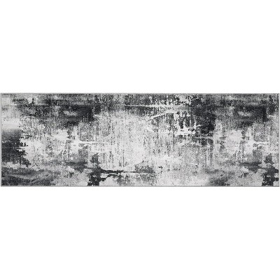 Acekool Washable Boho Area Rug 2x6, Non Slip Low Pile Floral Bedroom Living Room Carpet, Soft Thin Foldable Indoor Mat, Gray