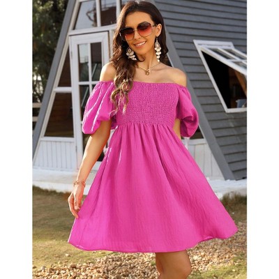 WhizMax Women Summer Smocked Mini Dress Lantern Short Sleeve Square Neck Ruffle A Line Swing Flowy