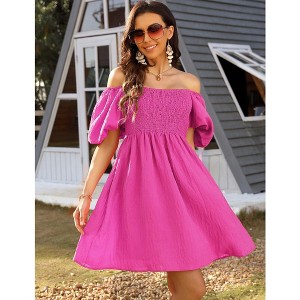 WhizMax Women Summer Smocked Mini Dress Lantern Short Sleeve Square Neck Ruffle A Line Swing Flowy - 1 of 4