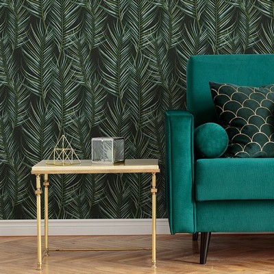 Modern Green and Black Palm Leaf Peel and Stick Wallpaper Roll