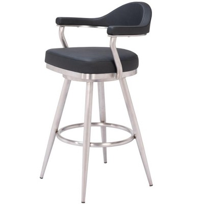 HomeRoots 30" Black And Silver Faux Leather And Stainless Steel Bar Height Swivel Bar Chair
