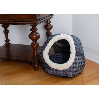 Blue Checkered Waterproof Velvet Cat Bed with Poly Fill