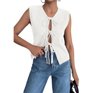 Women's Lace-Up Knit Vest Cardigan, Sleeveless V-Neck Sweater Vest with Adjustable Ties for Casual & Layered Outfits - 1 of 4