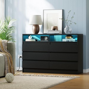 6 Drawer Double Dresser with Power Outlet, Accent Chests of Drawers with LED Light, Modern White Storage Dresser with Charging Station - 1 of 4