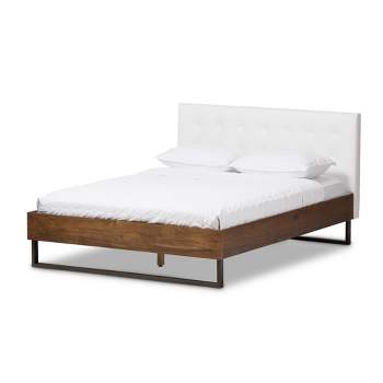 Queen Mitchell Rustic Industrial Walnut Wood and Faux Leather Metal Platform Bed White - Baxton Studio